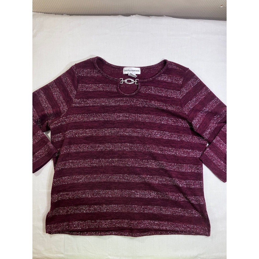 Cathy Daniels Womens M Burgundy Metallic Lurex Striped 3/4 Sleeve Top Blouse